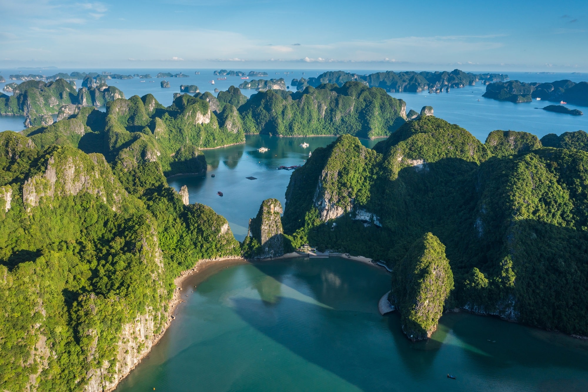 Luxury cruise ship Halong Bay aerial view limestone karsts