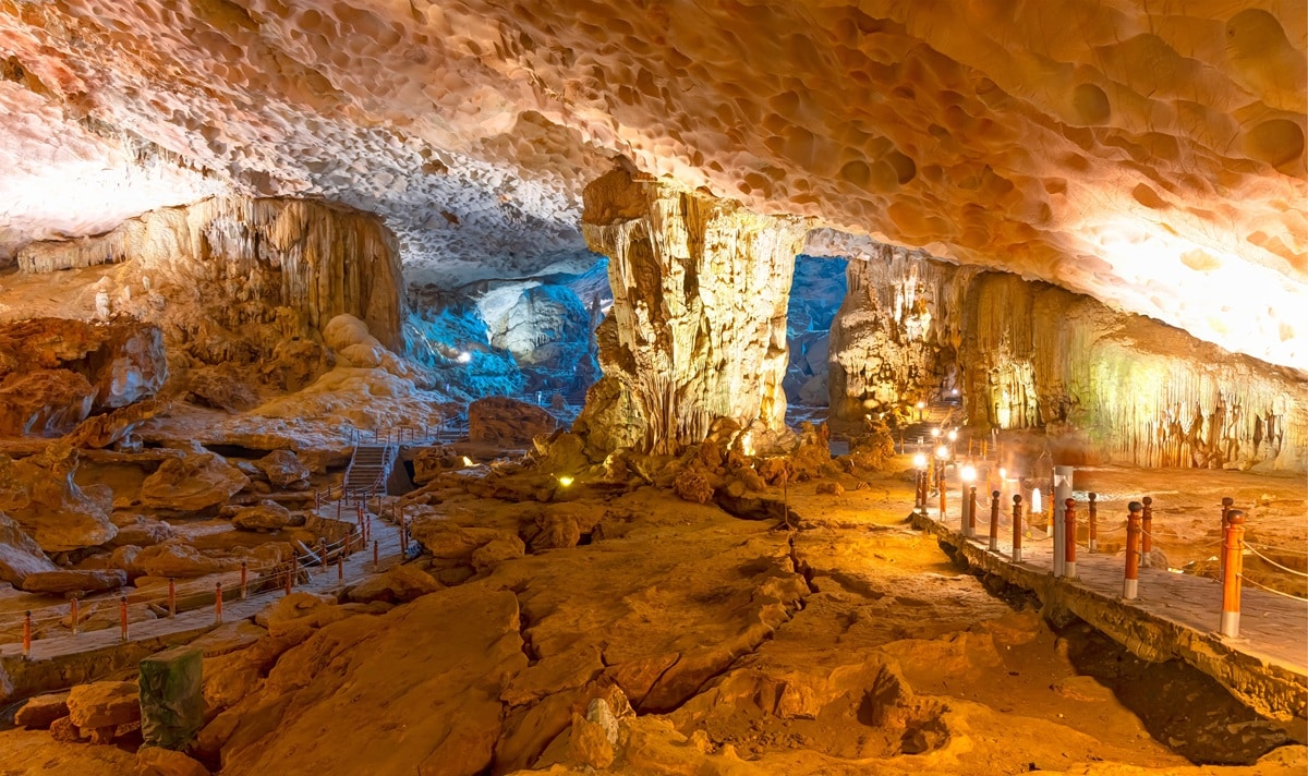 Sung Sot Cave interior Halong Bay stalactites and stalagmites