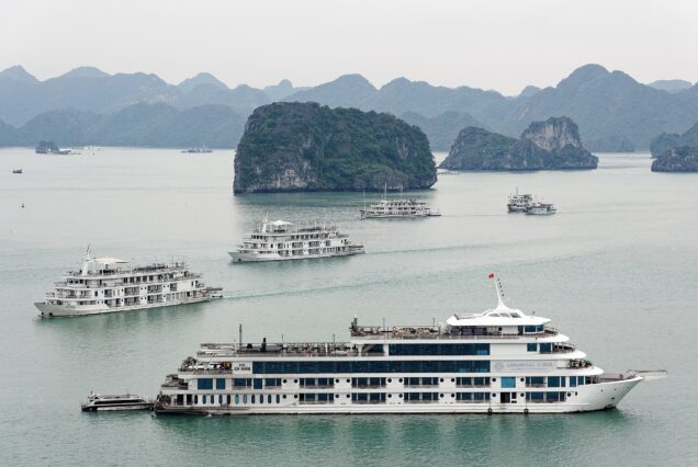 View of sea and tourist boats from Titov Island, Ha Long Bay, Vietnam
