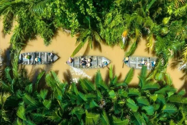 Small boats on a green canal in Ben Tre, seen from above